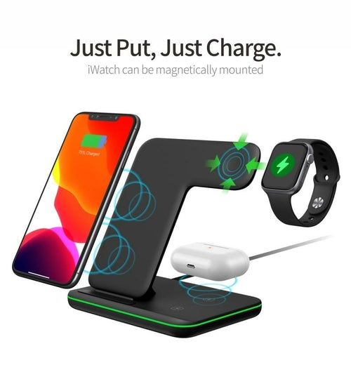 Estación de carga inalámbrica rápida Ninja 3 en 1 de 15 W para teléfonos móviles