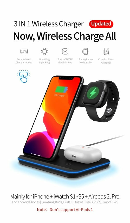 Estación de carga inalámbrica rápida Ninja 3 en 1 de 15 W para teléfonos móviles