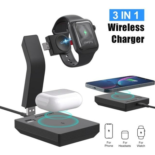 Estación de carga inalámbrica rápida Ninja 3 en 1 de 15 W para teléfonos móviles